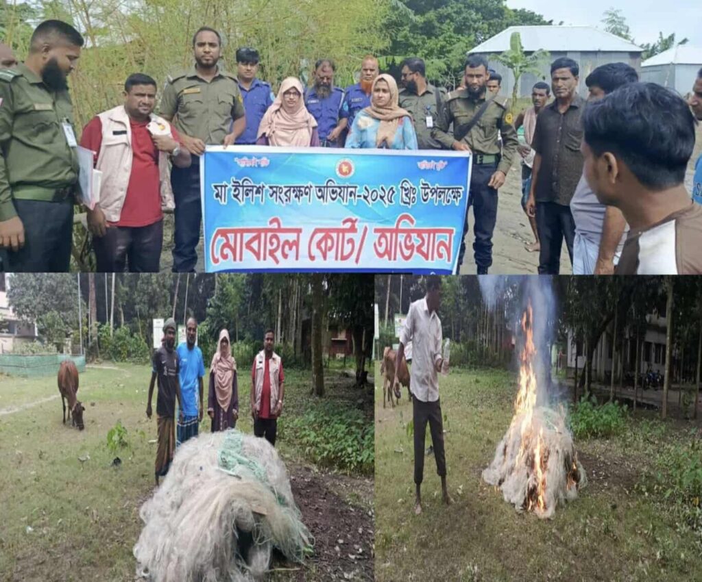 নিষেধাজ্ঞার তৃতীয় দিনে ইলিশ ধরার সময় ৮ হাজার মিটার জাল ধ্বংস