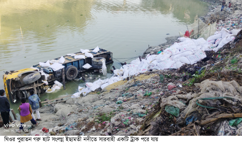 ঘিওরে ৫২৭ বস্তা সার বোঝাই ট্রাক নিয়ন্ত্রন হারিয়ে নদীতে